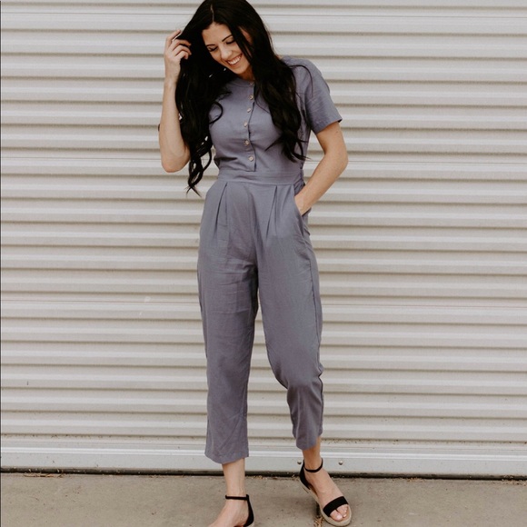 Short Sleeve Button Down Jumpsuit -Dusty Lavender - Picture 3 of 8